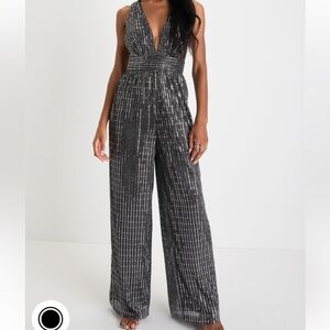 Sequin Twist Back Wide Leg Jumpsuit, silver/black (NWT)